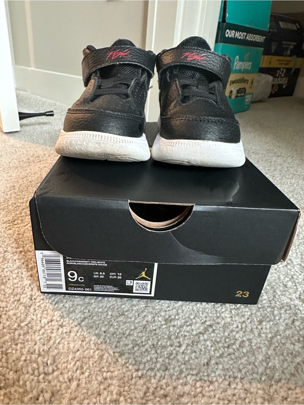 Jordan Kids Black and White Velcro Sneakers with Red Logo